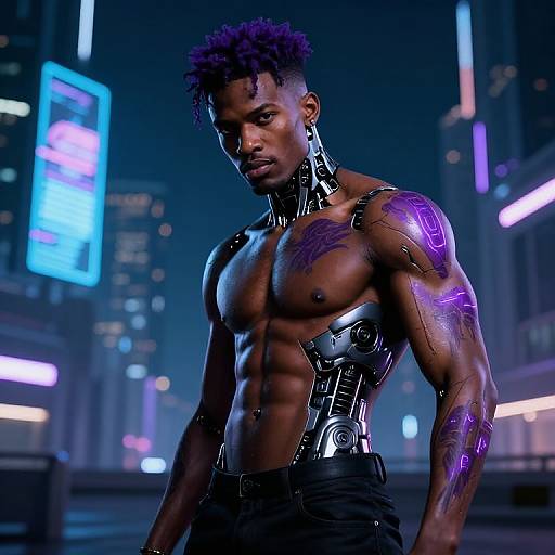 Cyberpunk photograph of a muscular, dark-skinned man with purple-tipped hair, wearing a black, glossy, chest-armor with purple circuit