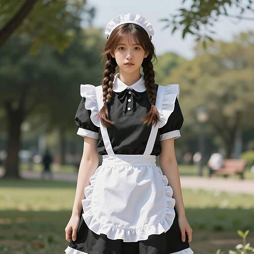Young Woman in French Maid Outfit in Park