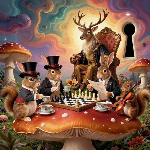 Whimsical illustration: anthropomorphic deer king in regal chair, three top-hatted rabbits playing chess on a mushroom table, surreal sky, and