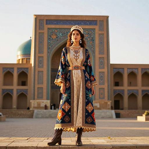 Photograph of a woman in ornate, traditional Central Asian attire standing in front of an intricately decorated mosque with a turquoise dome.