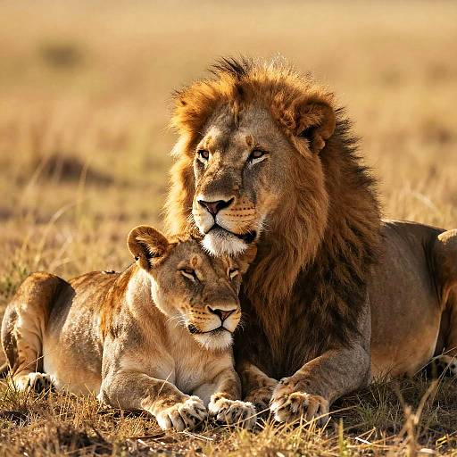 Photograph of a majestic male lion with a thick mane, lying protectively beside a young lioness in a sunlit, golden grassy savanna