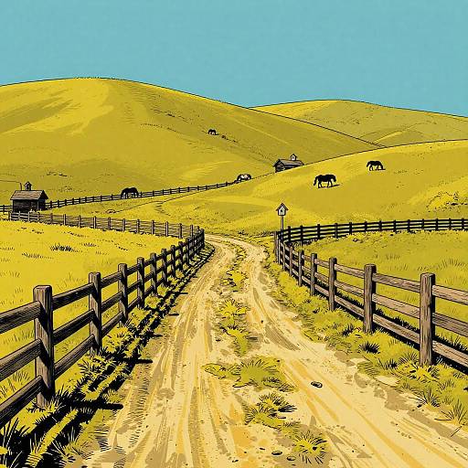 Illustration of a sunlit, yellow-hued rural landscape with a winding dirt road, wooden fences, grazing horses, and hills under a clear blue