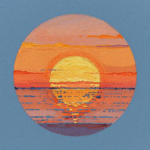 Digital painting of a vibrant sunset with a large, glowing orange sun reflecting on a blue ocean, framed by an oval shape against a bright blue background.