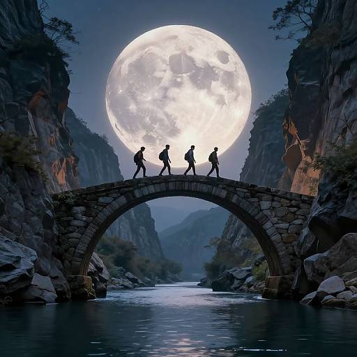 Digital artwork of three silhouetted figures crossing a stone arch bridge under a massive, glowing full moon in a narrow, rocky canyon.