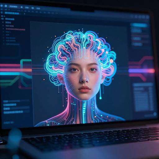 Digital artwork of a futuristic woman with neon blue and pink cybernetic hair on a dark screen, viewed on a glowing laptop.