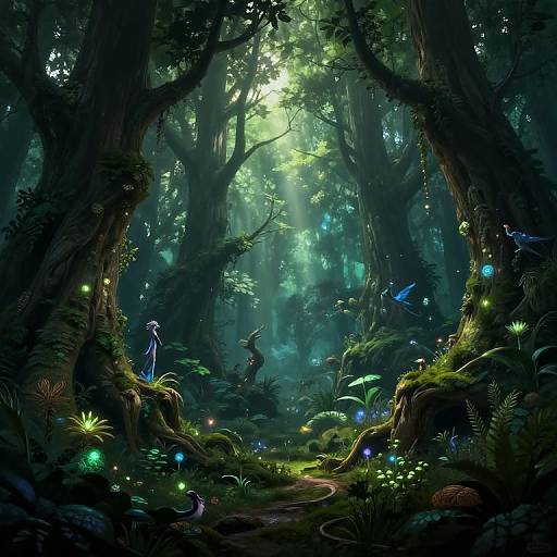 Enchanting digital art of a mystical forest with glowing fireflies, luminescent mushrooms, and a small, blue, fairy-like figure amidst towering