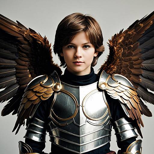 Boy in Gabriel Archangel Costume with Feathered Wings and Armor