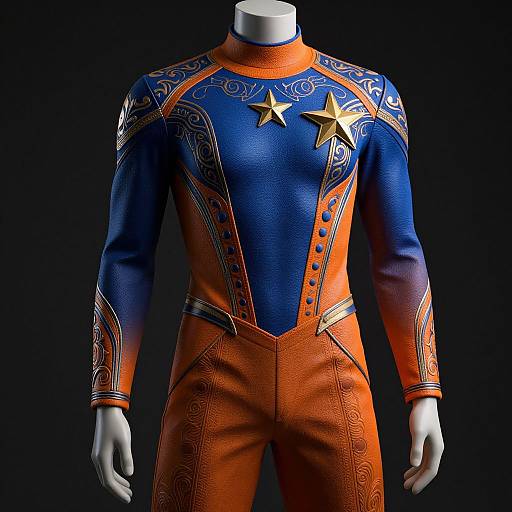 Photograph of a mannequin wearing a vibrant blue and orange cowboy-style outfit with gold stars, intricate patterns, and buttons, set against a black