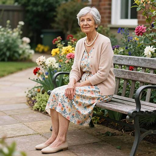 Photograph of an elderly woman with short gray hair, wearing a floral dress, peach cardigan, and beige shoes, sitting on a wooden bench in