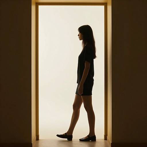 Silhouette photograph of a woman with long hair, wearing a black t-shirt and shorts, standing in a brightly lit doorway.