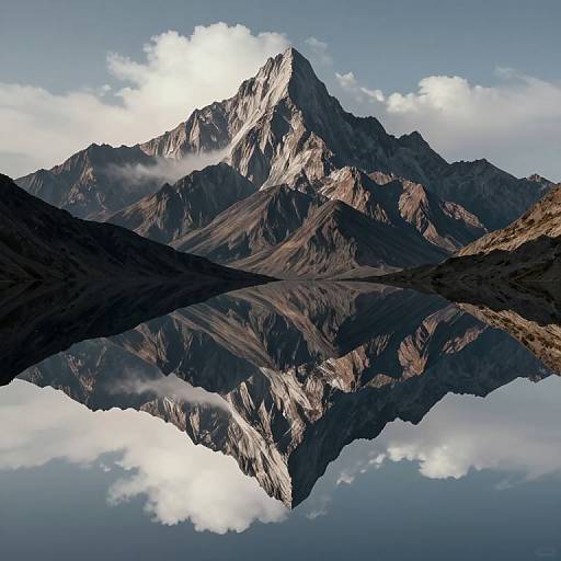 Photograph of a majestic mountain peak reflected in a calm, mirror-like lake, with scattered clouds in a clear blue sky.