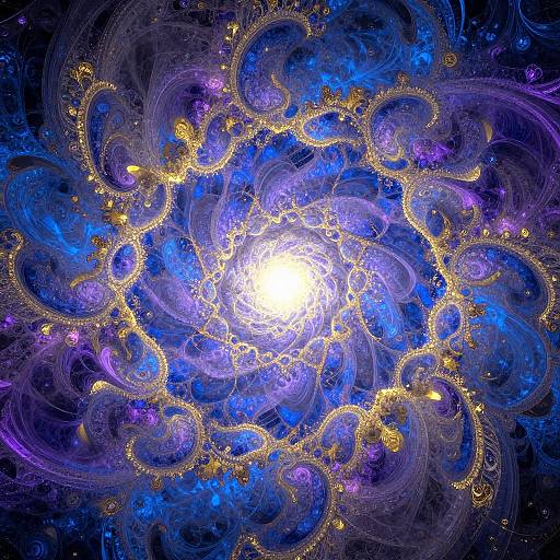 Digital art of a vibrant, swirling galaxy with a bright white center, surrounded by blue and purple ethereal patterns and golden, luminous trails.