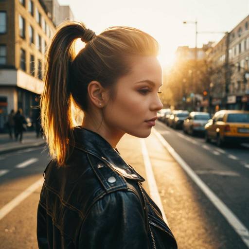 Young Woman with Classic Ponytail in Leather Jacket