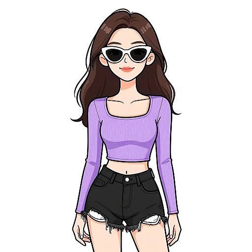 Digital anime-style drawing of a smiling woman with long brown hair, white sunglasses, purple crop top, and black frayed shorts.