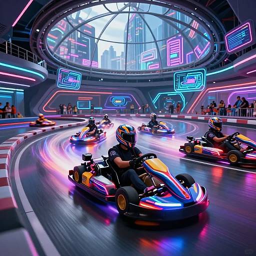 Neon-lit futuristic indoor go-kart track with five racers, colorful lights, and a large dome ceiling, surrounded by spectators. (Digital