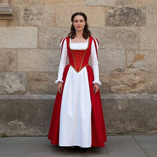 Photograph of a woman with dark hair wearing a red and white medieval-style dress with long sleeves, standing against a textured stone wall.