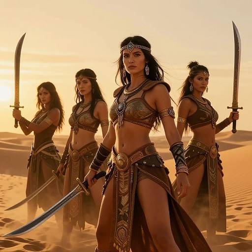 Digital artwork of four fierce, dark-haired warrior women in ornate brown leather armor with swords, standing in a golden desert sunset.
