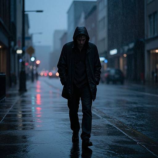 Melancholy Man Walking in Rain