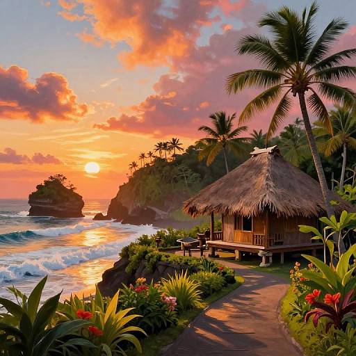 Photograph of a tropical beach sunset with a thatched hut, palm trees, vibrant flowers, and waves crashing against rocky cliffs.