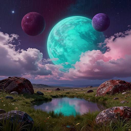 Digital artwork of a surreal landscape: glowing blue moon, purple planets, cloudy sky, grassy field, reflective pond, and large rocks.