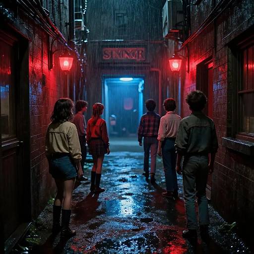 Photograph of a rainy alleyway at night, with six people in casual clothes walking away, red lanterns illuminating wet bricks, and a blue