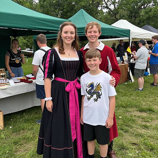 Photograph of a smiling family at an outdoor fair: a woman in a black dress with pink ribbon, a man in a red velvet shirt, and
