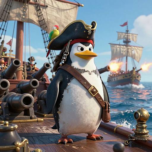 CGI image of a penguin pirate standing on a ship's deck, wearing a tricorn hat and leather strap, with a pirate ship and cannons