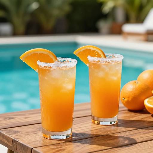 Photograph of two tall glasses with orange margaritas, sugar-rimmed glasses, orange slices, and a wooden table by a blue pool.