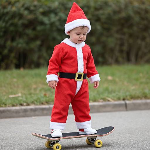 Photograph of a young boy in a Santa Claus outfit with a red hat, white fur trim, and black belt, skateboarding on a suburban street