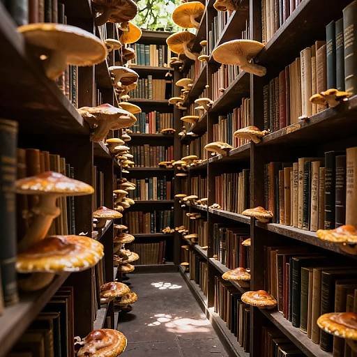 Photograph of a narrow library aisle with shelves filled with books and hanging orange-brown mushrooms, creating a whimsical, fungi-filled bookshelf scene.