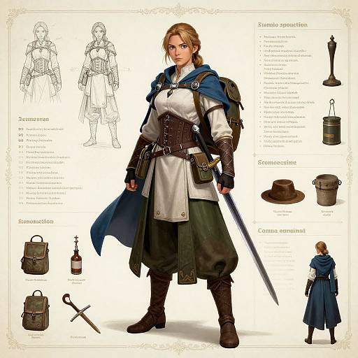 Digital character design of a blonde, armored warrior woman with a blue cloak, holding a sword, surrounded by sketches and equipment.