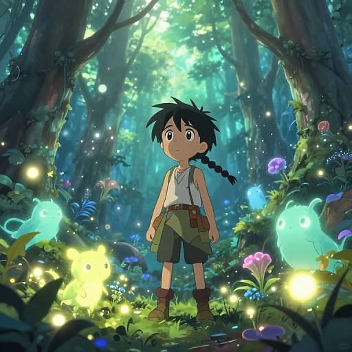 Digital anime-style drawing of a young boy with black hair in a braid, wearing a white tank top and green shorts, standing in a magical forest