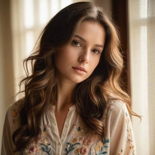 Portrait of Woman with Loose Waves and Floral Blouse