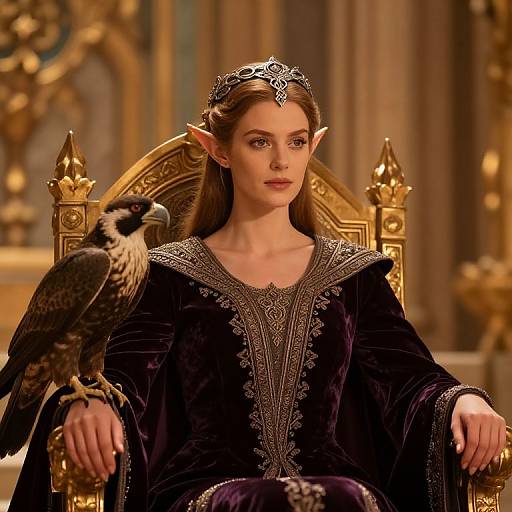 Photograph of a fair-skinned, elven woman with long brown hair, wearing a black velvet gown with silver trim, a crown, and sitting