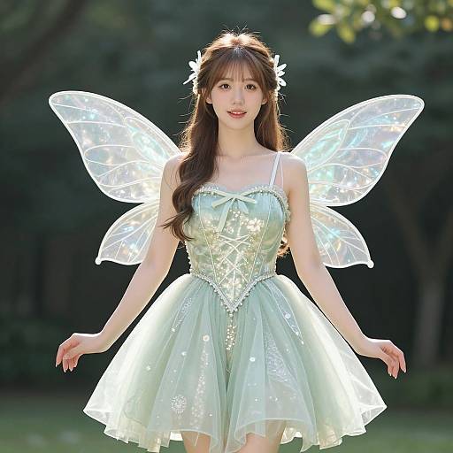 Photograph of an Asian woman with long brown hair, wearing a light green fairy dress and translucent, glowing wings, standing in a sunlit forest.