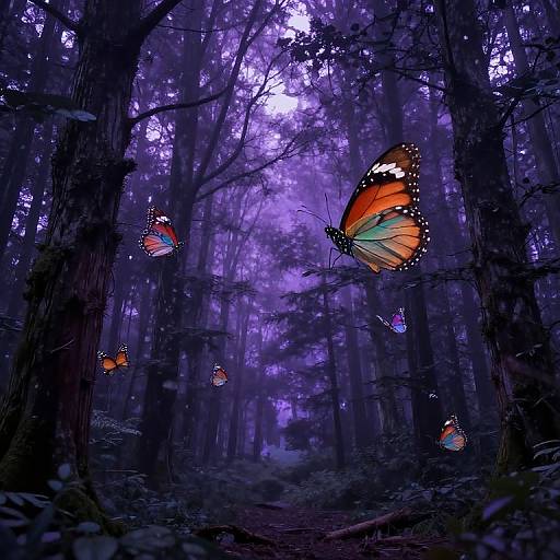 Photograph of a mystical forest with vibrant orange and blue butterflies flying amidst dense, dark purple trees, under a twilight sky.
