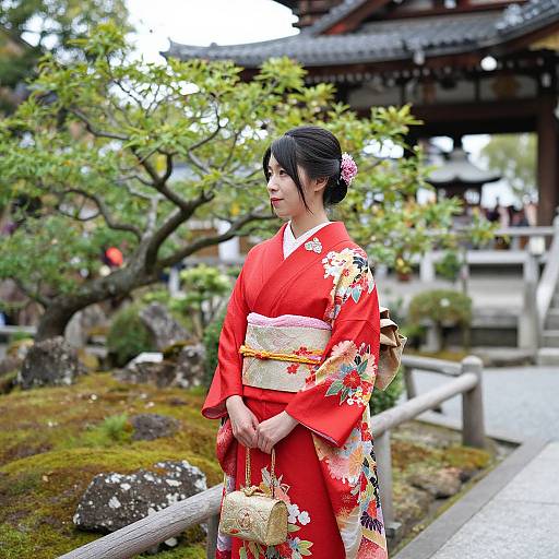 Photograph of a Japanese woman in a vibrant red kimono with floral patterns, standing in a traditional garden with stone pathways and trees, holding a small