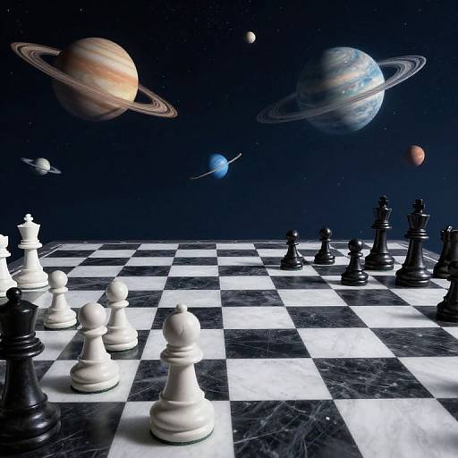 Digital art: Chessboard with black and white pieces under a dark, starry sky featuring planets Saturn, Jupiter, and Uranus.