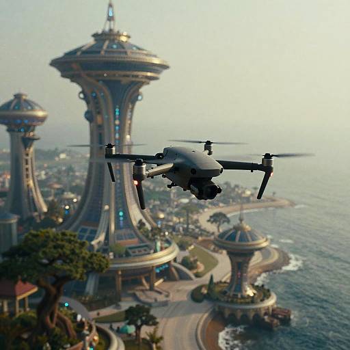 Cinematic Solarpunk Drone Over Coastal City