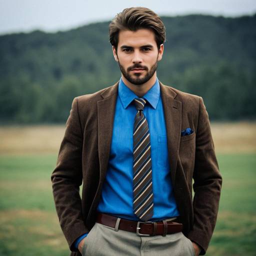Stylish Young Man in Brown Jacket and Blue Shirt Outdoors