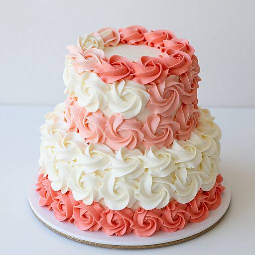 Photograph of a two-tiered cake with intricate swirls of pink and white frosting, alternating colors on each tier, set against a plain white background
