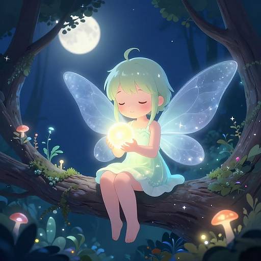 Cute Fairy Anime Girl Under Moonlight