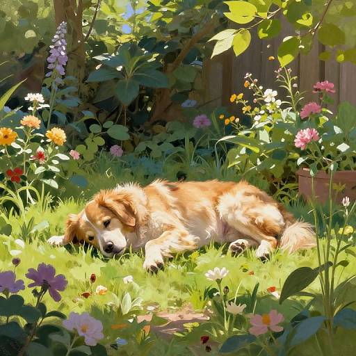 Digital painting of a fluffy, golden-brown dog lounging in a sunlit, vibrant garden filled with colorful flowers and lush greenery.