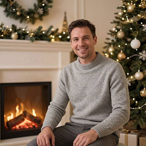 Photograph of a smiling man with short brown hair, wearing a gray knit sweater, sitting in a festive living room with a lit fireplace, Christmas tree