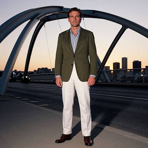 Photograph of a handsome, bearded man in a dark green blazer, white pants, and brown shoes, standing on a bridge at sunset with