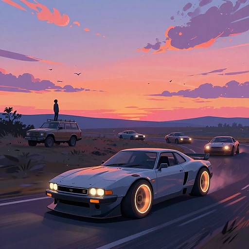 Digital artwork of a sunset highway scene with a glowing, neon-orange-wheeled, silver muscle car leading three other cars, a silhouetted
