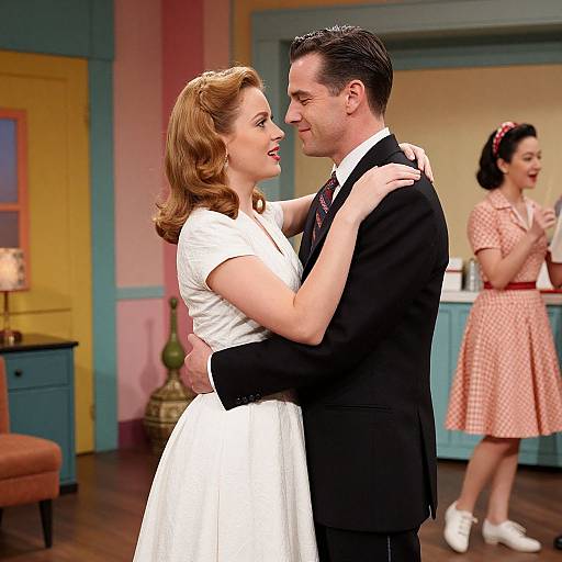 1940s-themed photograph of a smiling couple dancing, woman in white dress, man in black suit, another woman in pink polka dot dress in