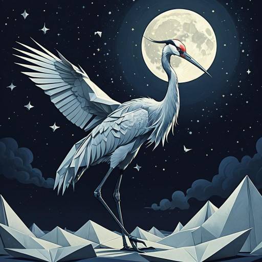 Graceful Crane with Origami Accessories Under Full Moon