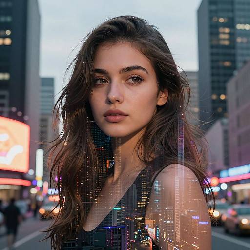 Photograph of a young woman with long brown hair, wearing a black sleeveless top, standing in a bustling city street at dusk. Background features blurred