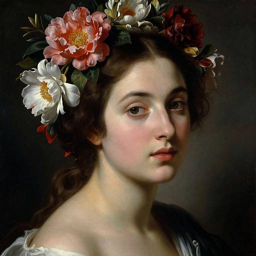 Photorealistic portrait of a young woman with fair skin, brown wavy hair, wearing a floral crown with white, pink, and red flowers,